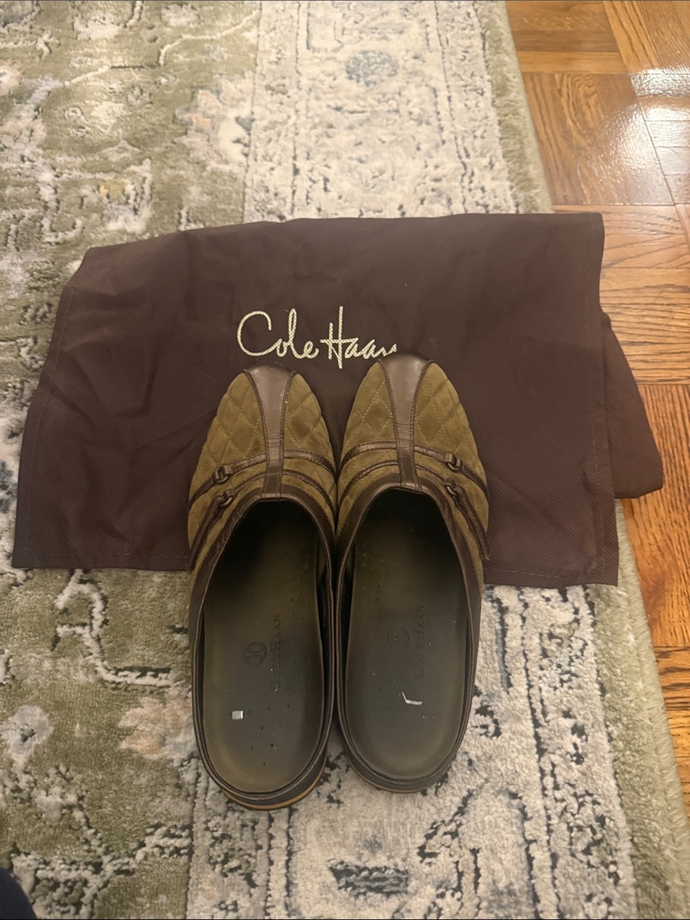 Cole Haan Olive Green Suede Slip-On Loafers with Brown Trim